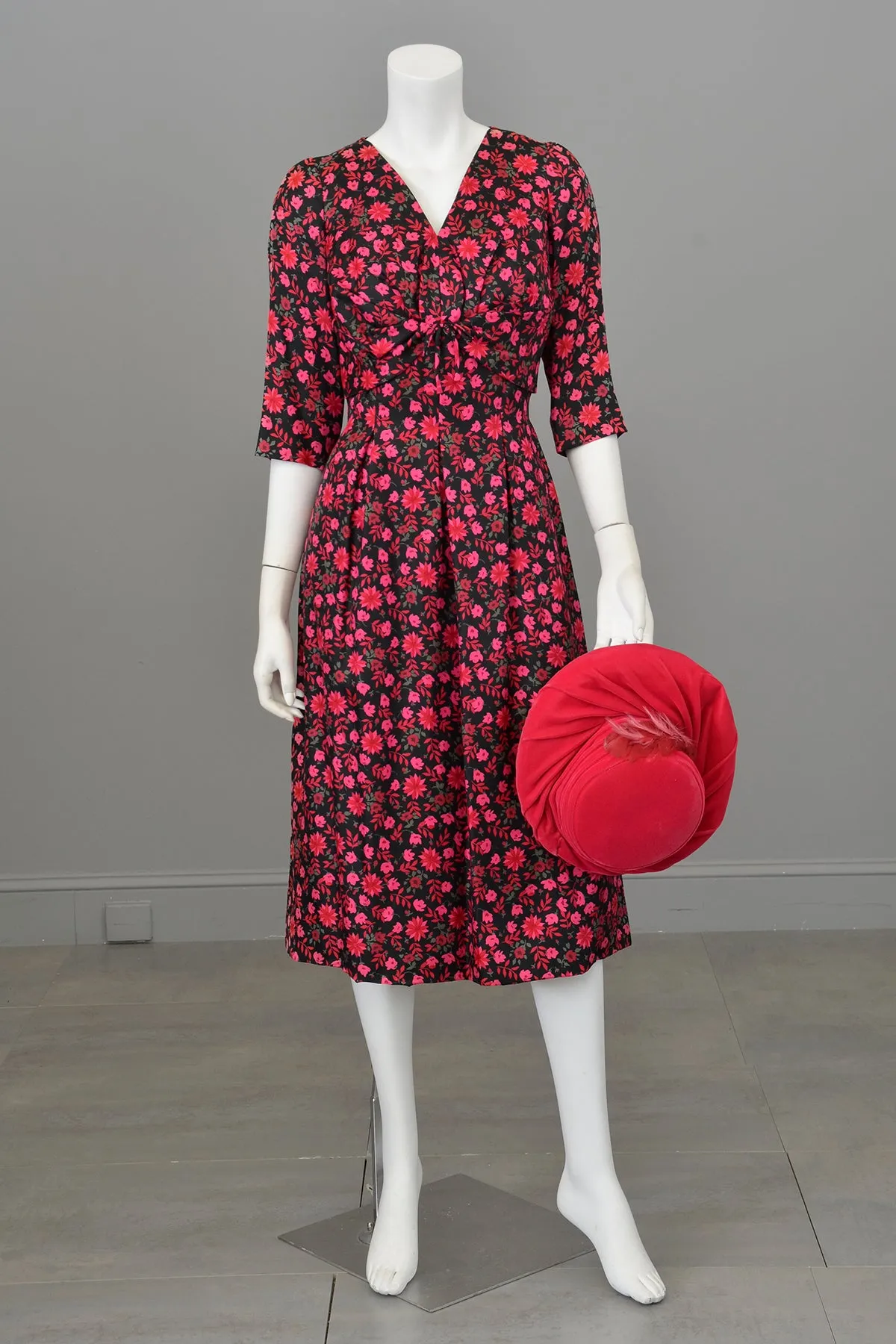 1960s Black Pink Floral Gathered Front Cocktail Dress