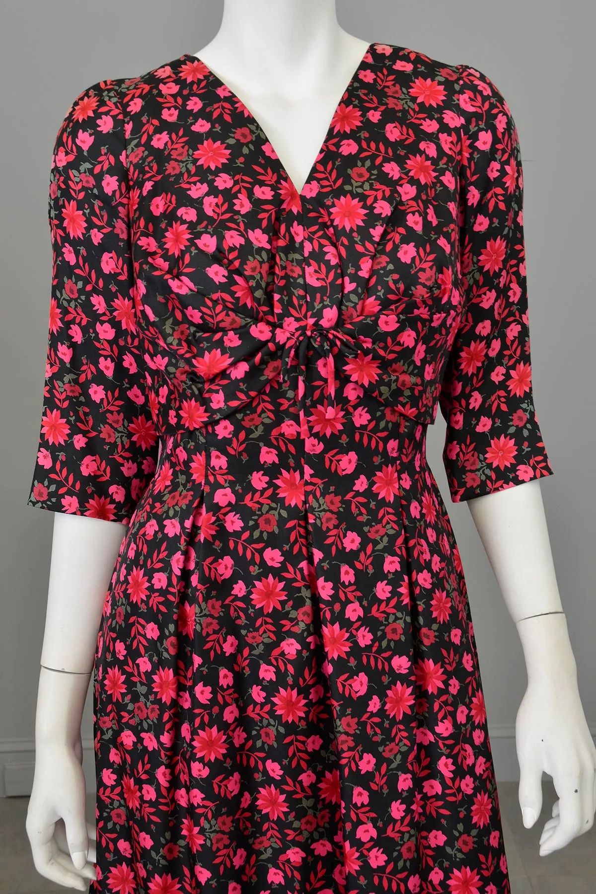 1960s Black Pink Floral Gathered Front Cocktail Dress