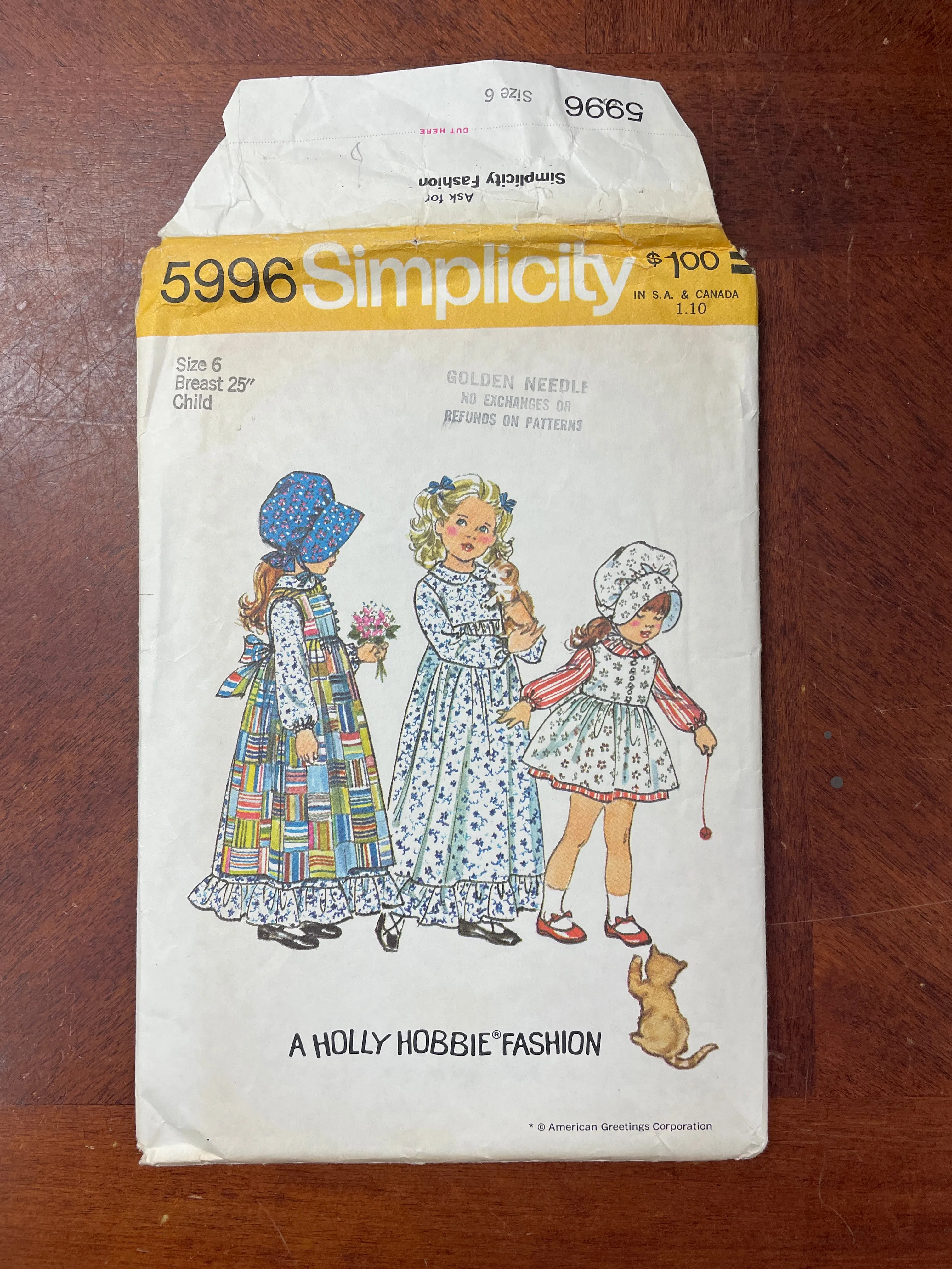 1973 Simplicity 5996 Sewing Pattern - Child's Dress, Pinafore and Bonnet