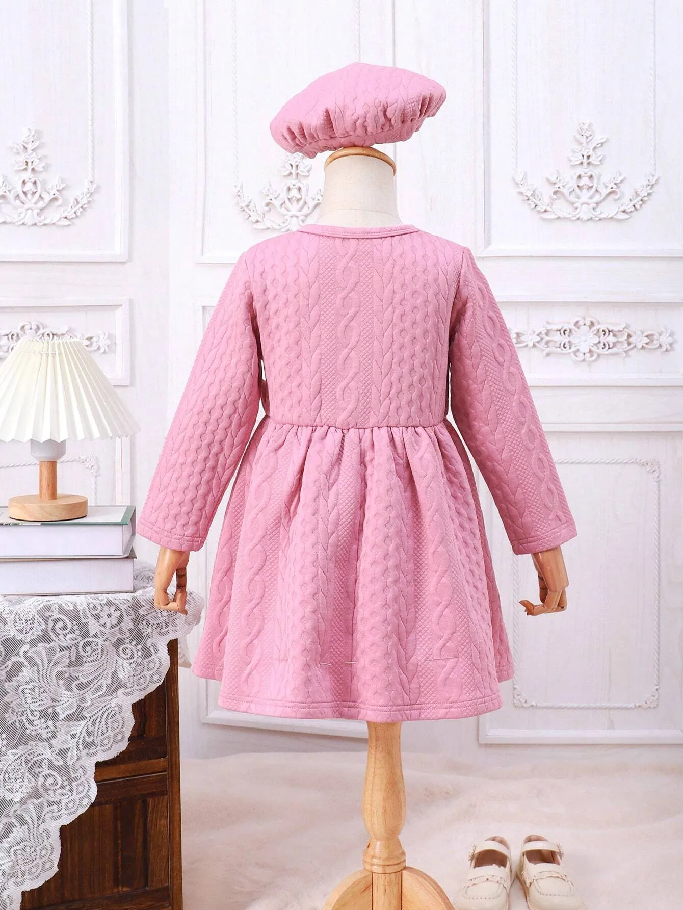 2pcs/Set Girls Cute Bow Decor Long Sleeve Round Neck Dress   Hat Set, Autumn/Winter