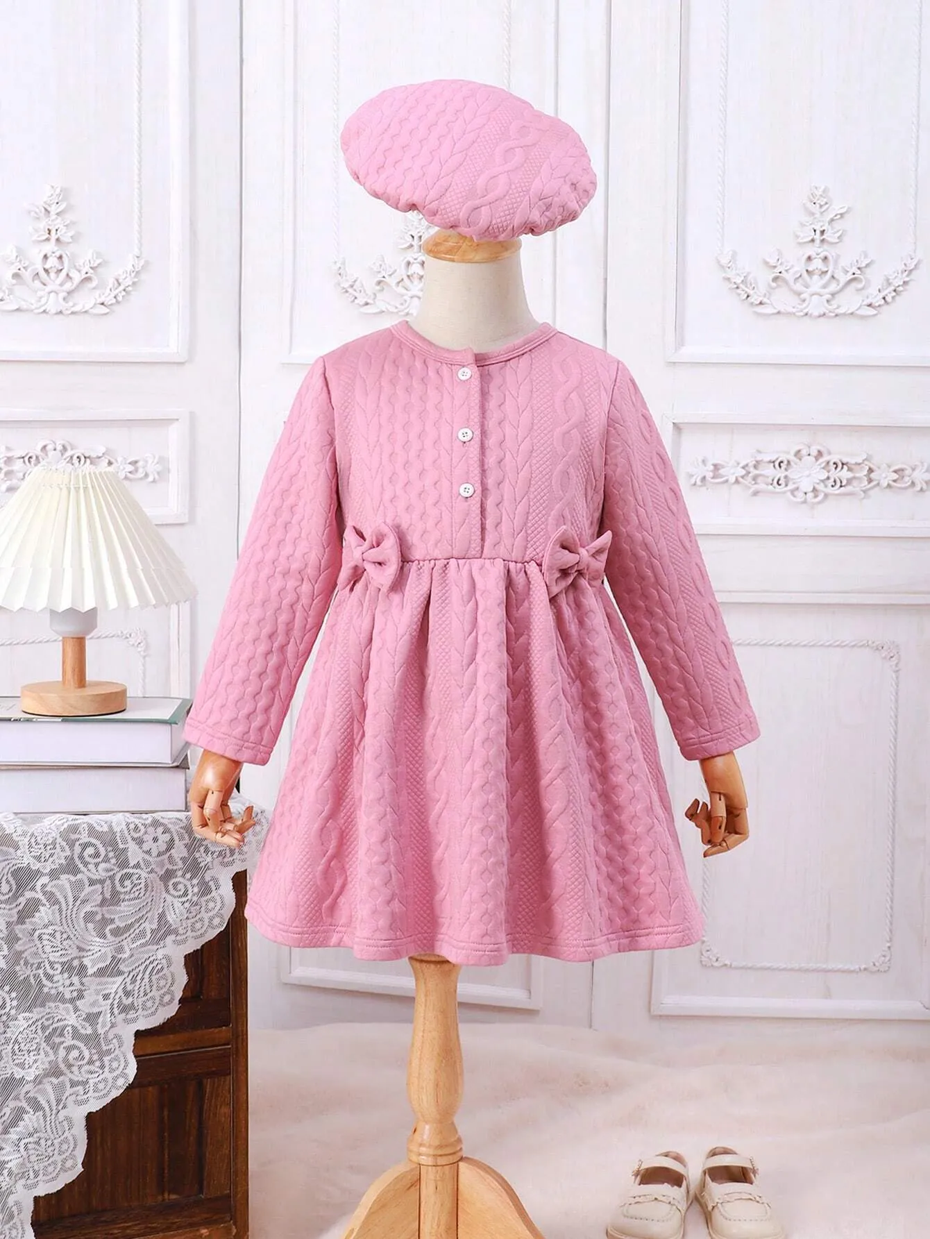 2pcs/Set Girls Cute Bow Decor Long Sleeve Round Neck Dress   Hat Set, Autumn/Winter