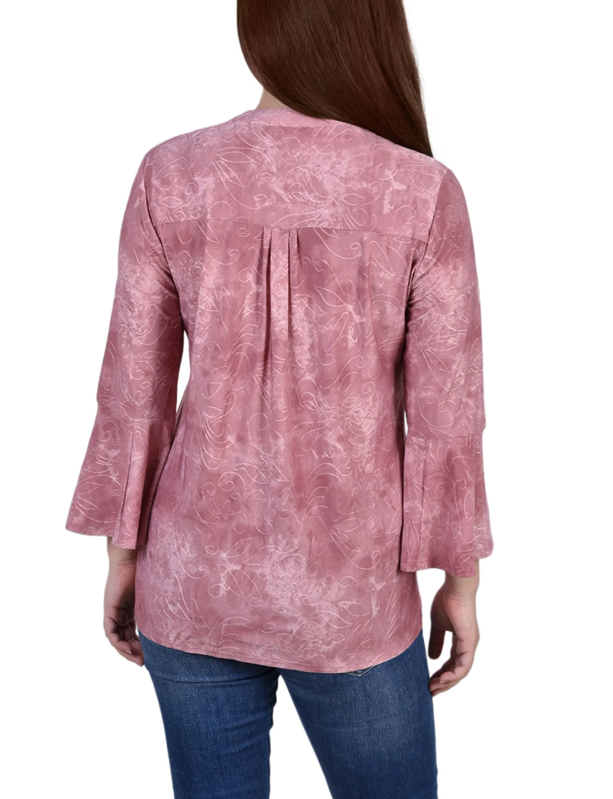 3/4 Bell Sleeve Pleat Front Y Neck Top