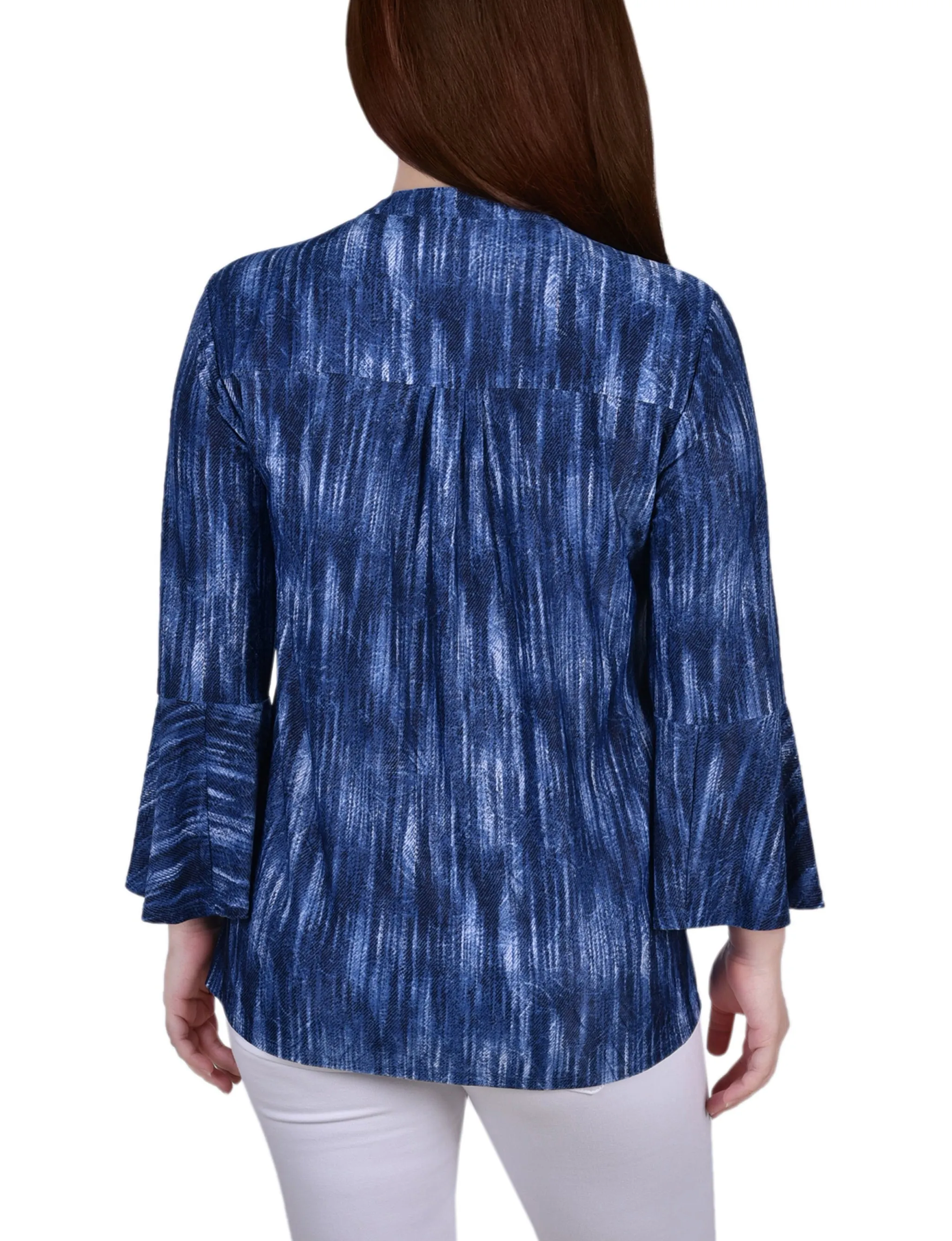 3/4 Bell Sleeve Pleat Front Y Neck Top