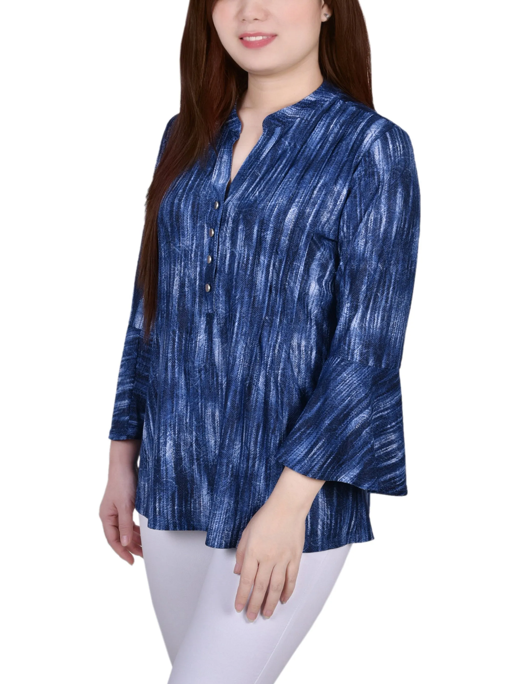 3/4 Bell Sleeve Pleat Front Y Neck Top