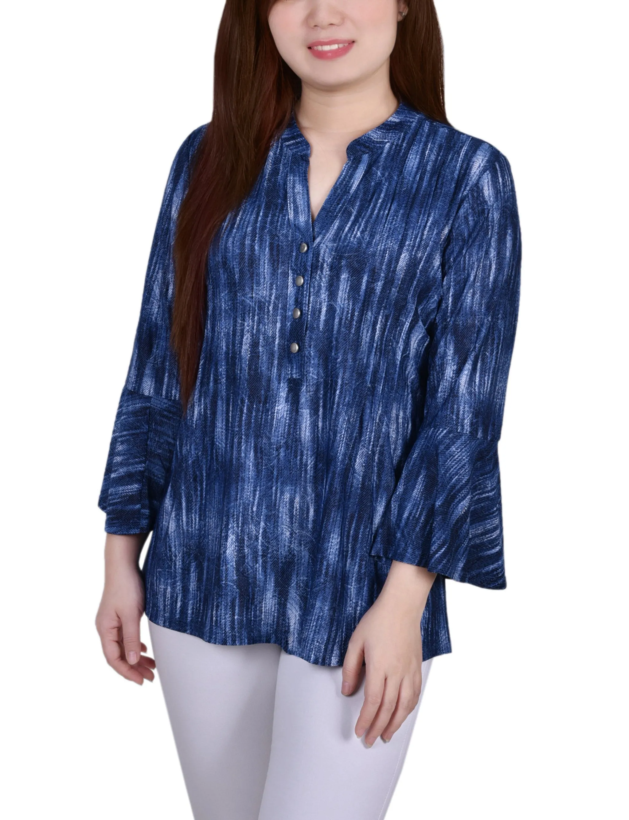 3/4 Bell Sleeve Pleat Front Y Neck Top