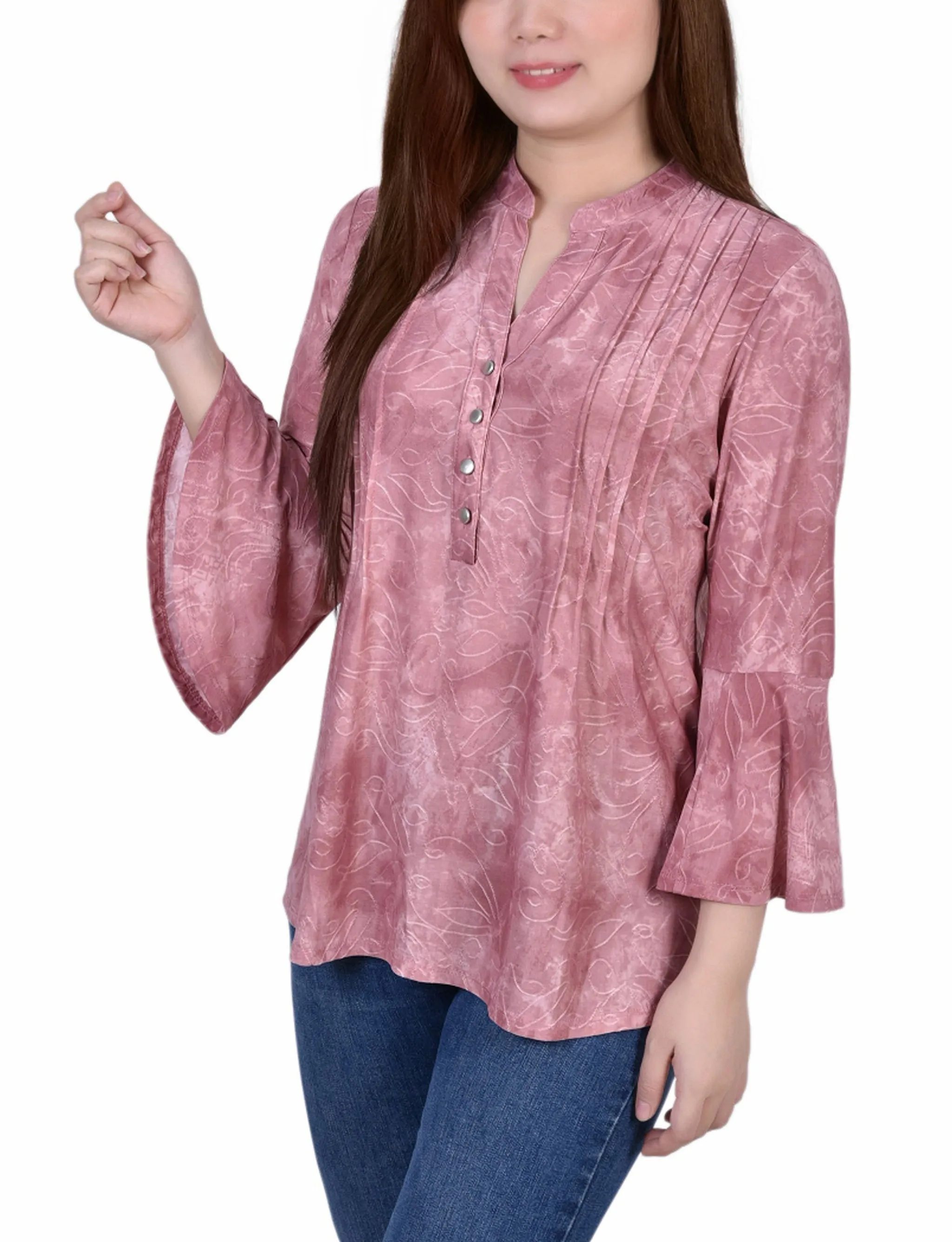 3/4 Bell Sleeve Pleat Front Y Neck Top