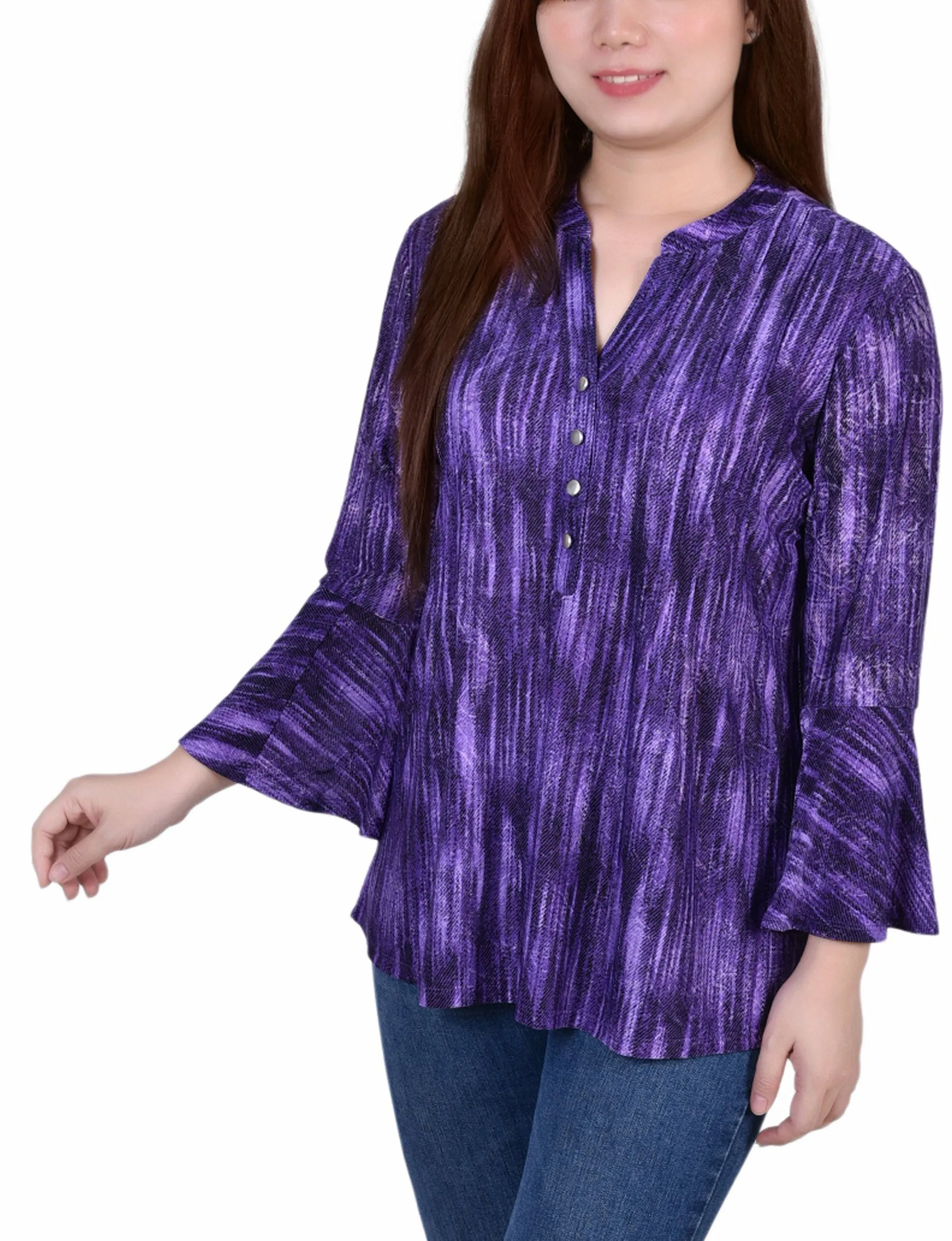 3/4 Bell Sleeve Pleat Front Y Neck Top