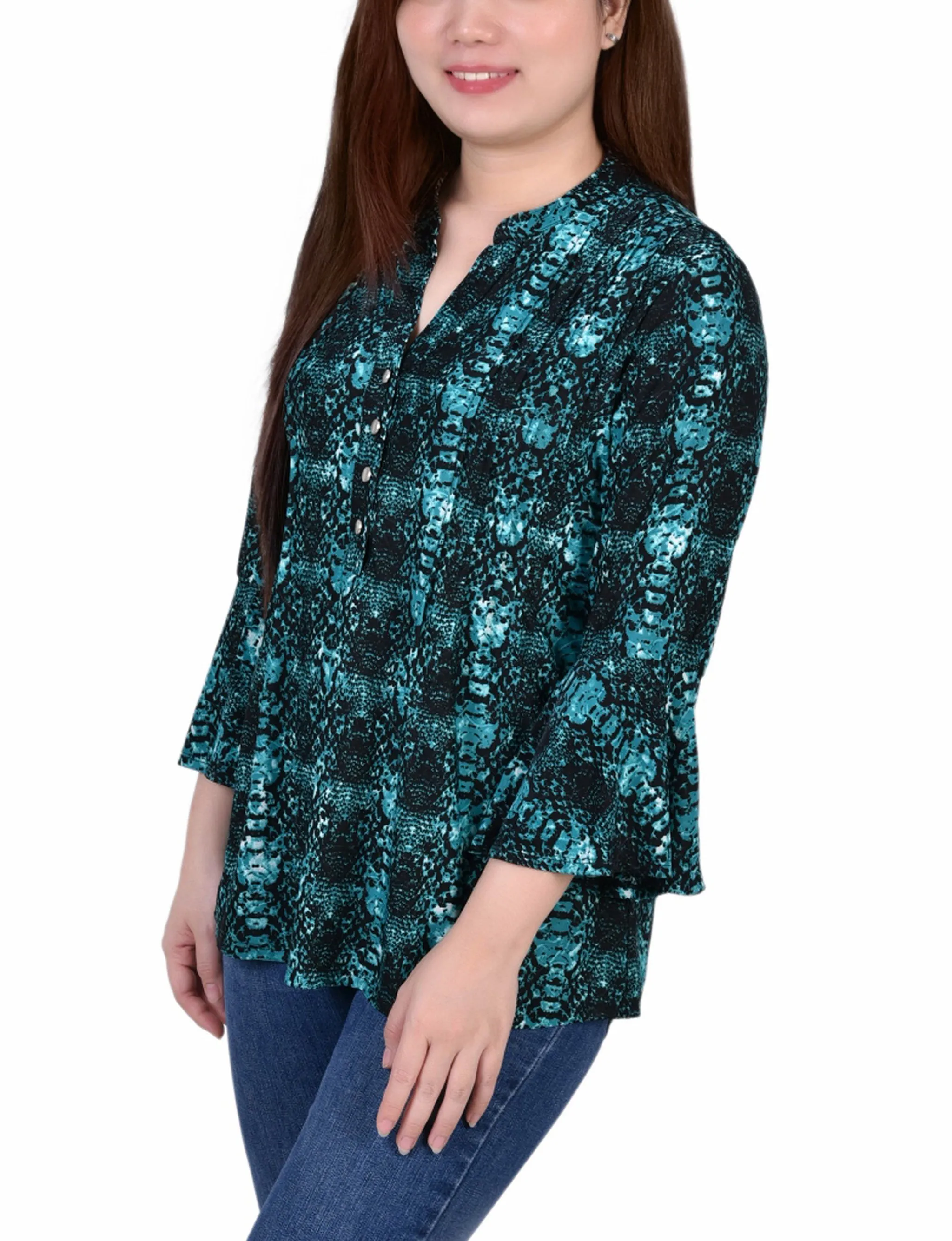 3/4 Bell Sleeve Pleat Front Y Neck Top