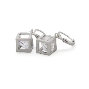 3D Square Drop Earrings Rhodium Plated