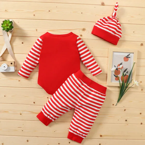 [6M-3Y] 3pcs Baby Christmas Romper & Red Stripes Pant & Hat Set