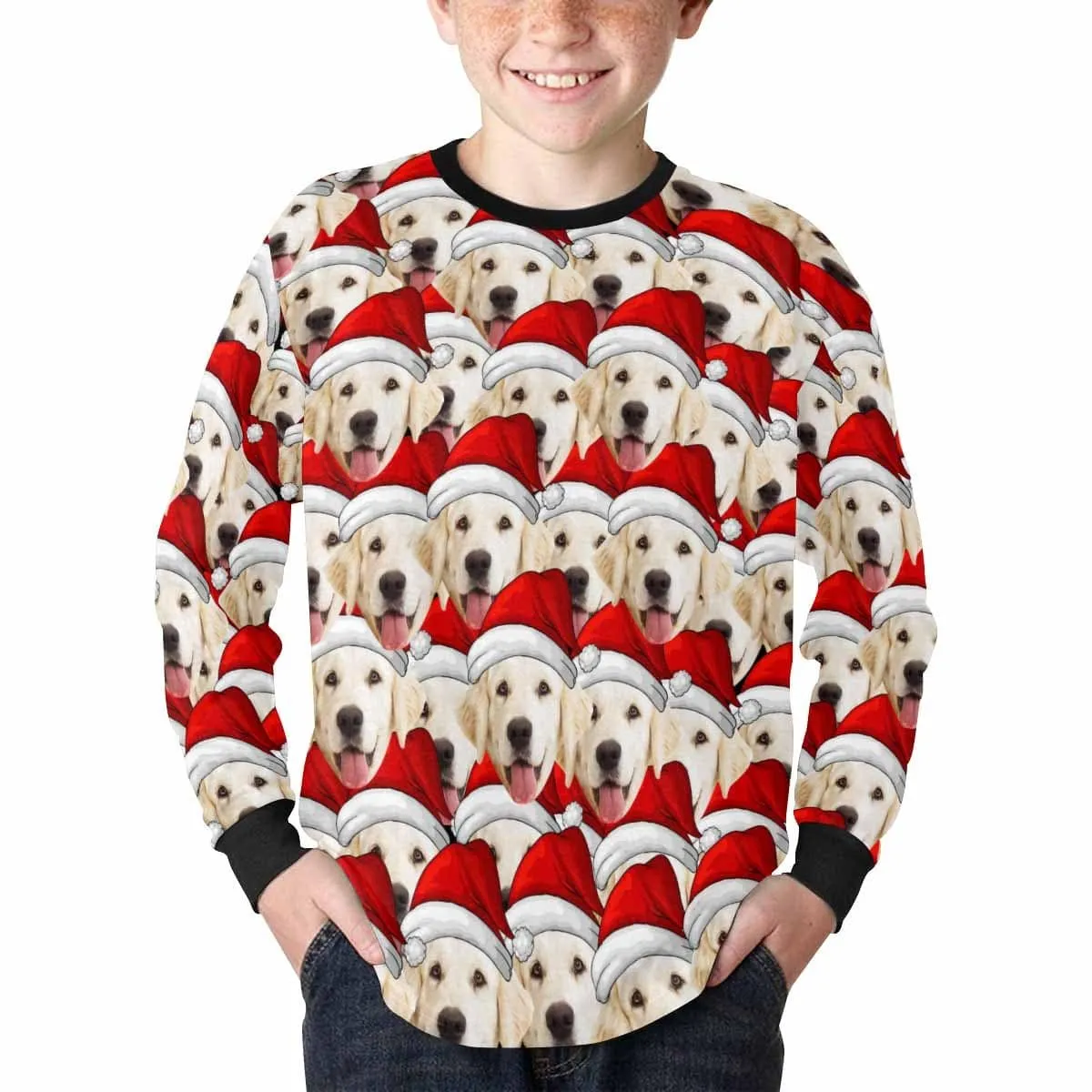 #7-16Y Custom Face Christmas Hat Kids' Rib Cuff Long Sleeve T-shirt