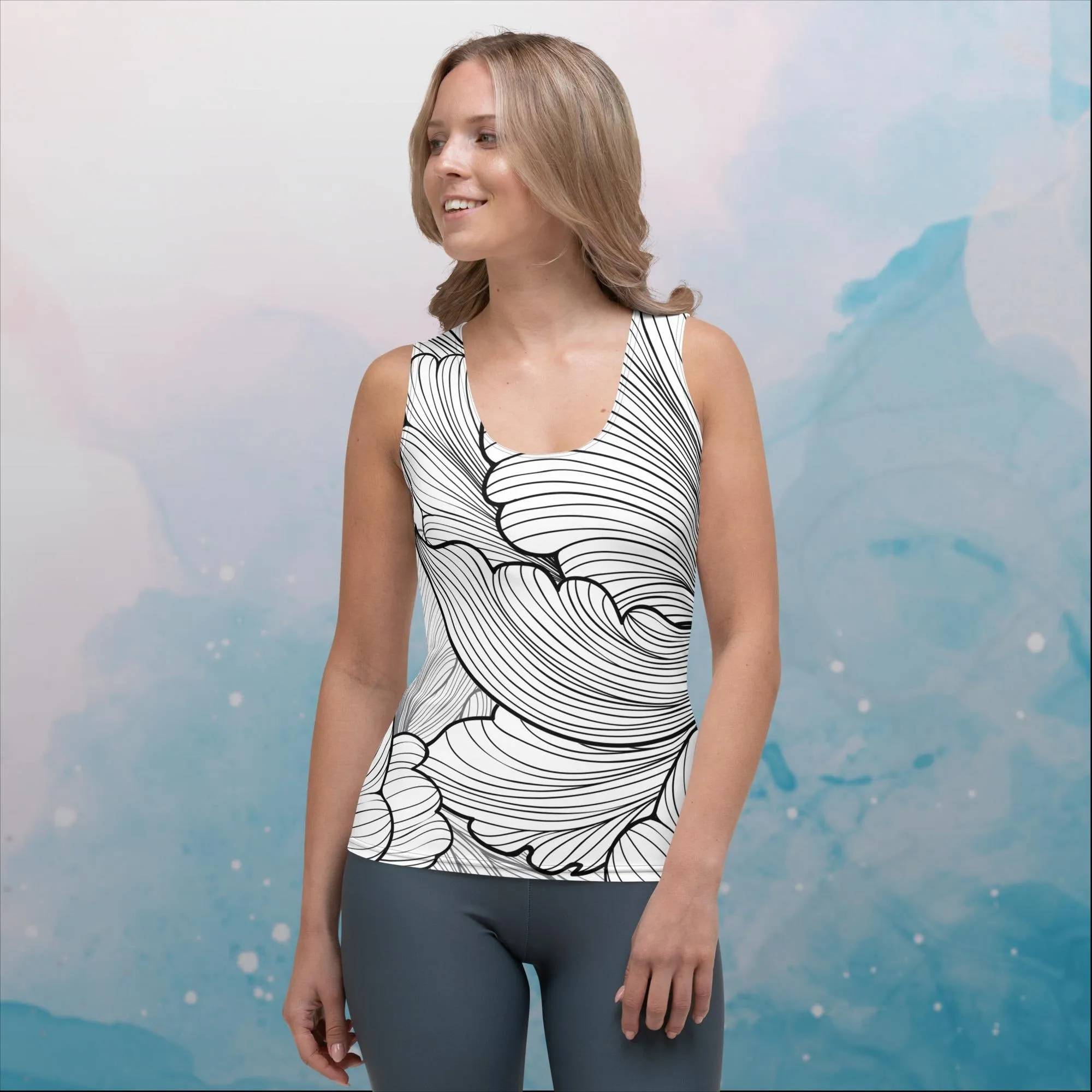 Abstract Lines Floral Pattern Sublimation Tank Top