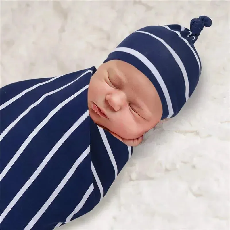 A.D Sutton - Baby Cotton Swaddle Blanket Wrap with Headband or Hat Set, Blue Space