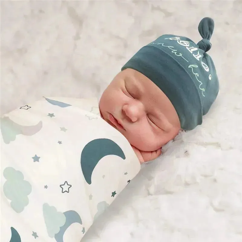 A.D Sutton - Baby Cotton Swaddle Blanket Wrap with Headband or Hat Set, Hello I'm New Here