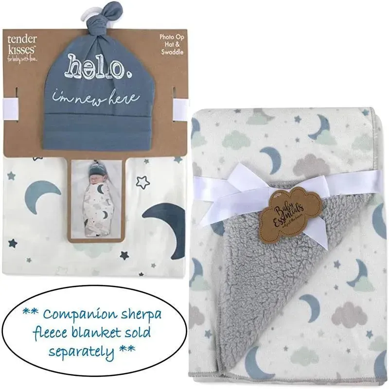 A.D Sutton - Baby Cotton Swaddle Blanket Wrap with Headband or Hat Set, Hello I'm New Here