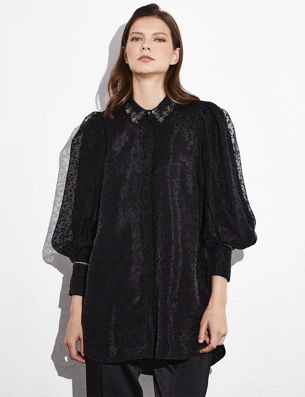 Balloon Sleeve Shiny Stone Embroidered Blouse Black