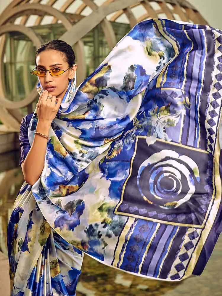 Blue Printed Silk Saree