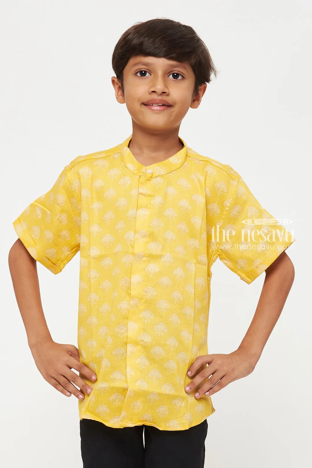 Boys Yellow Cotton Shirt with Subtle Tree Pattern – Festive Wear