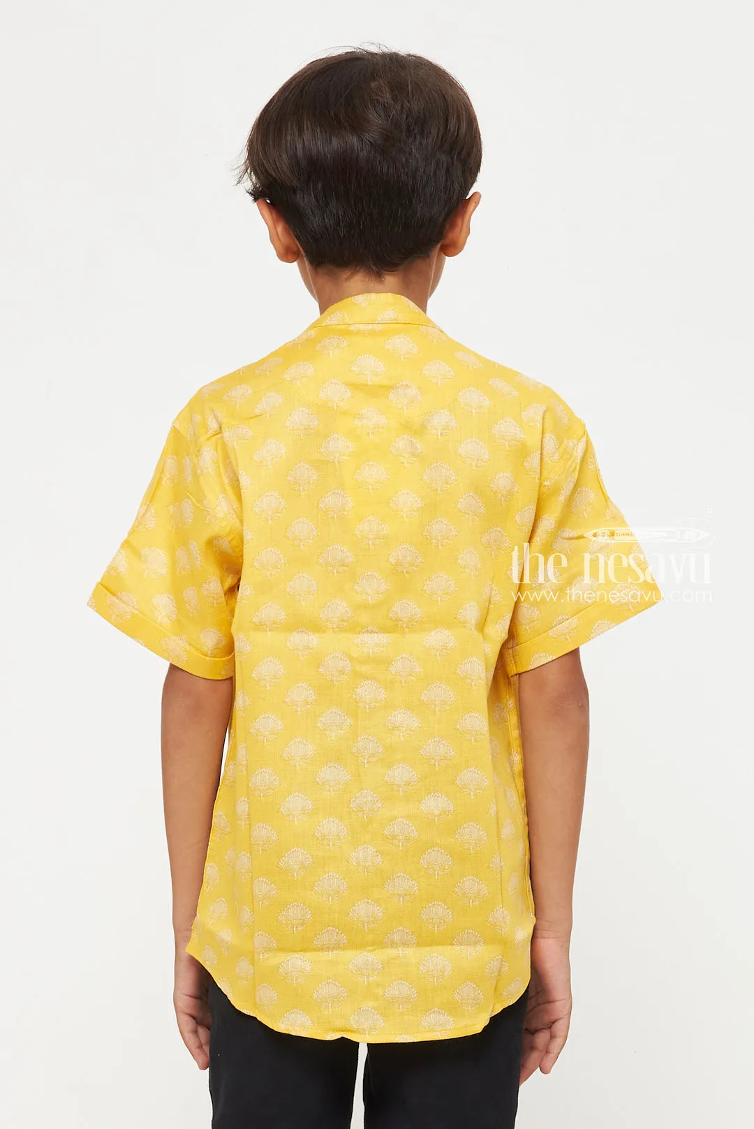 Boys Yellow Cotton Shirt with Subtle Tree Pattern – Festive Wear