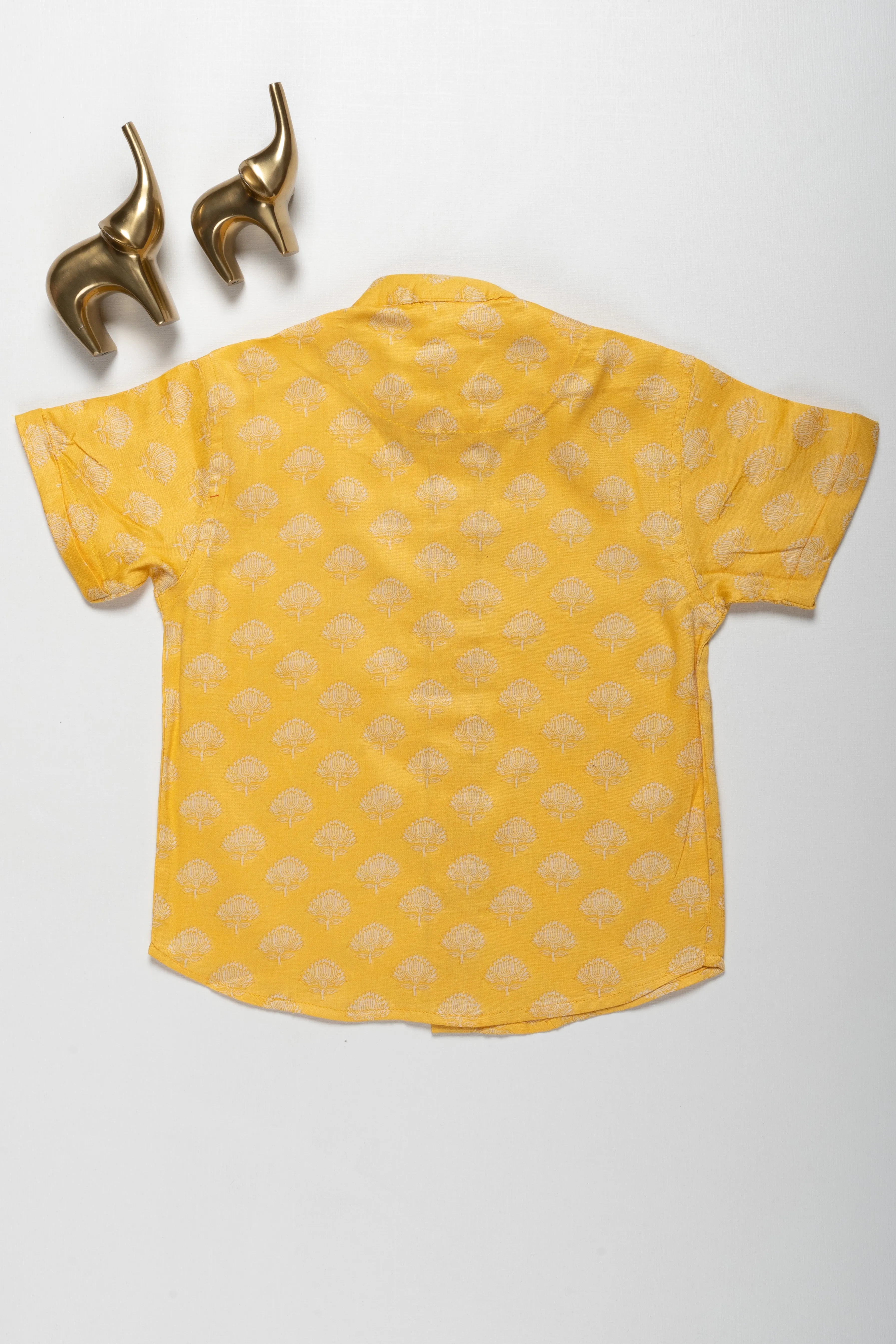 Boys Yellow Cotton Shirt with Subtle Tree Pattern – Festive Wear