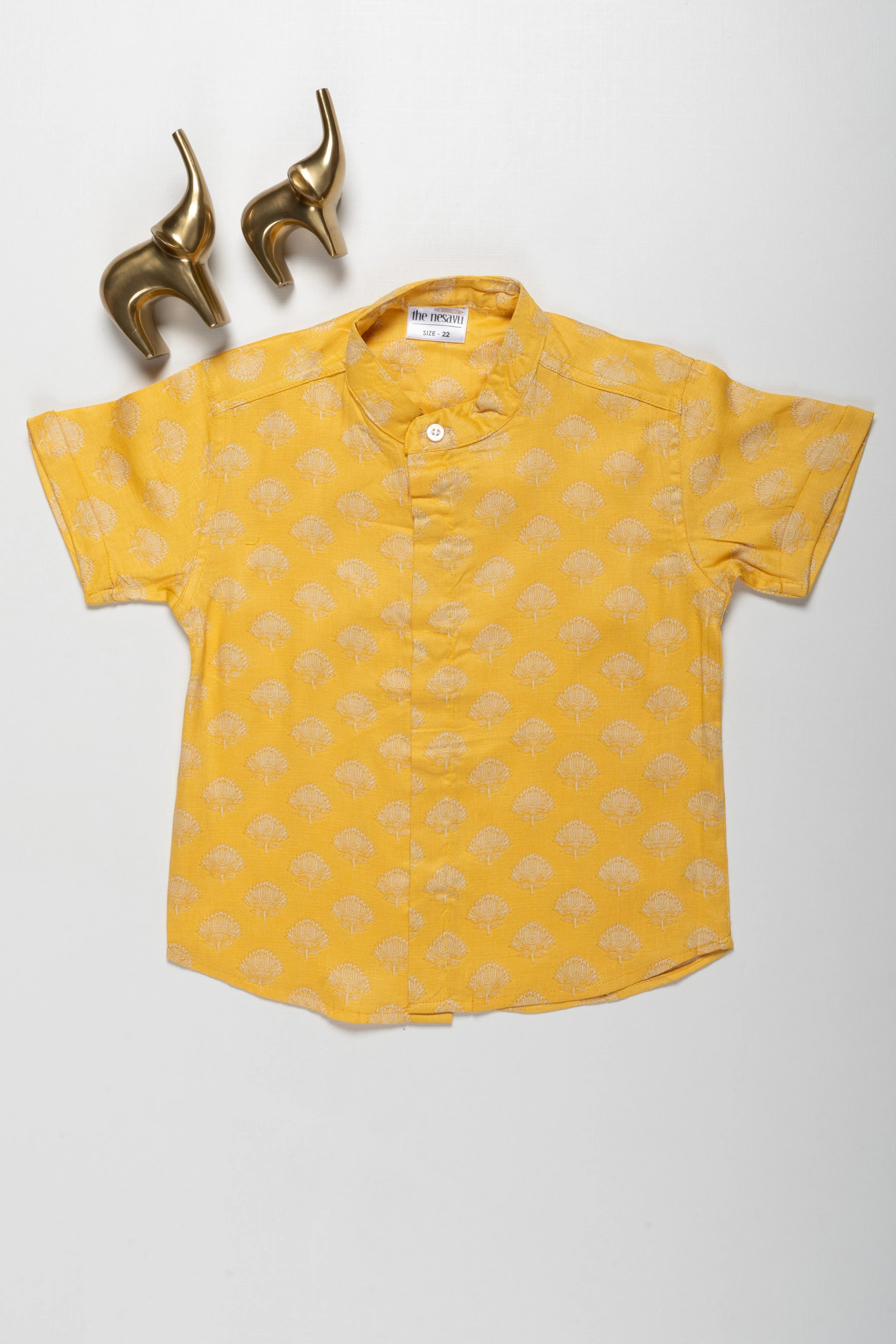 Boys Yellow Cotton Shirt with Subtle Tree Pattern – Festive Wear