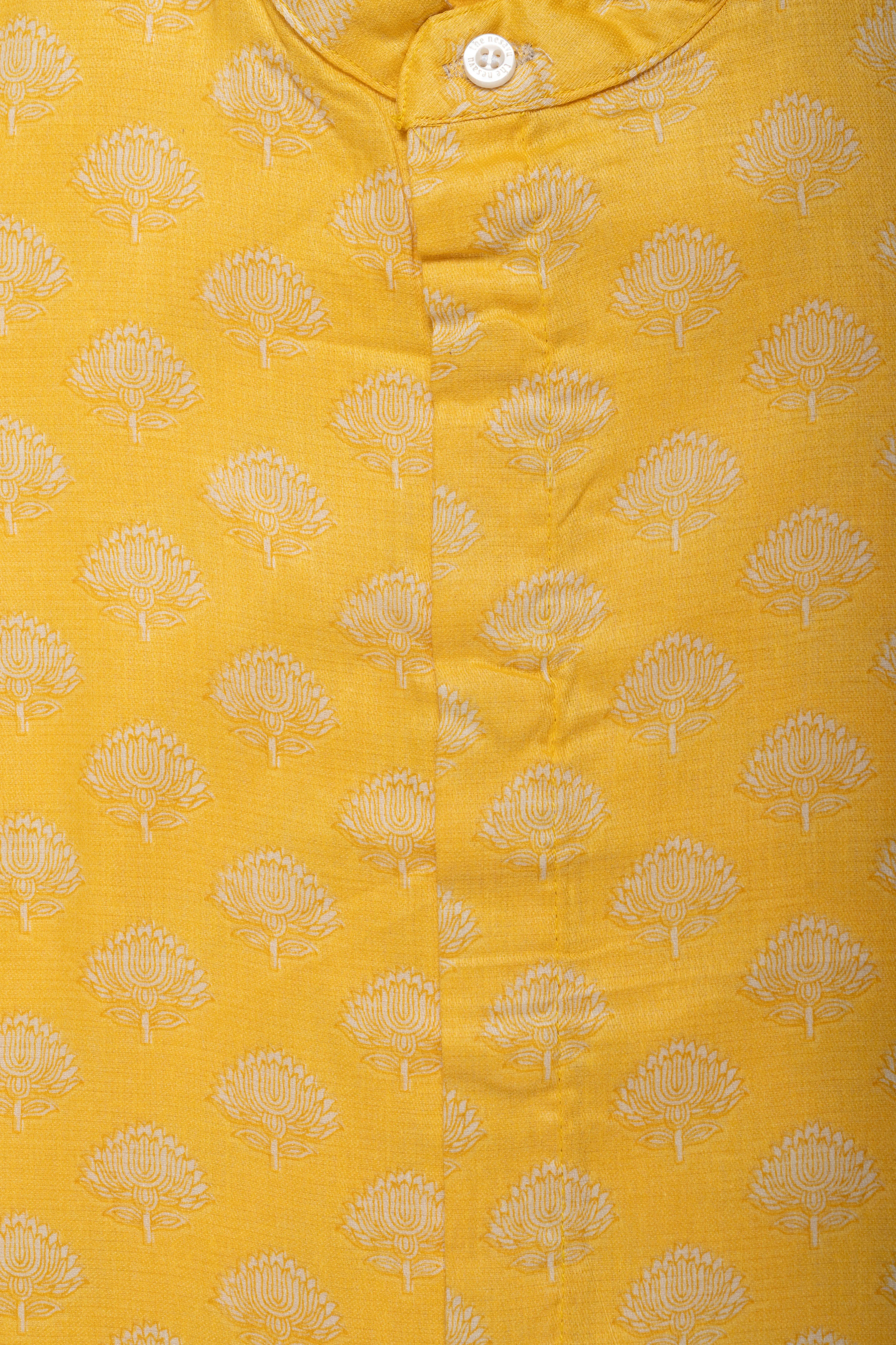 Boys Yellow Cotton Shirt with Subtle Tree Pattern – Festive Wear