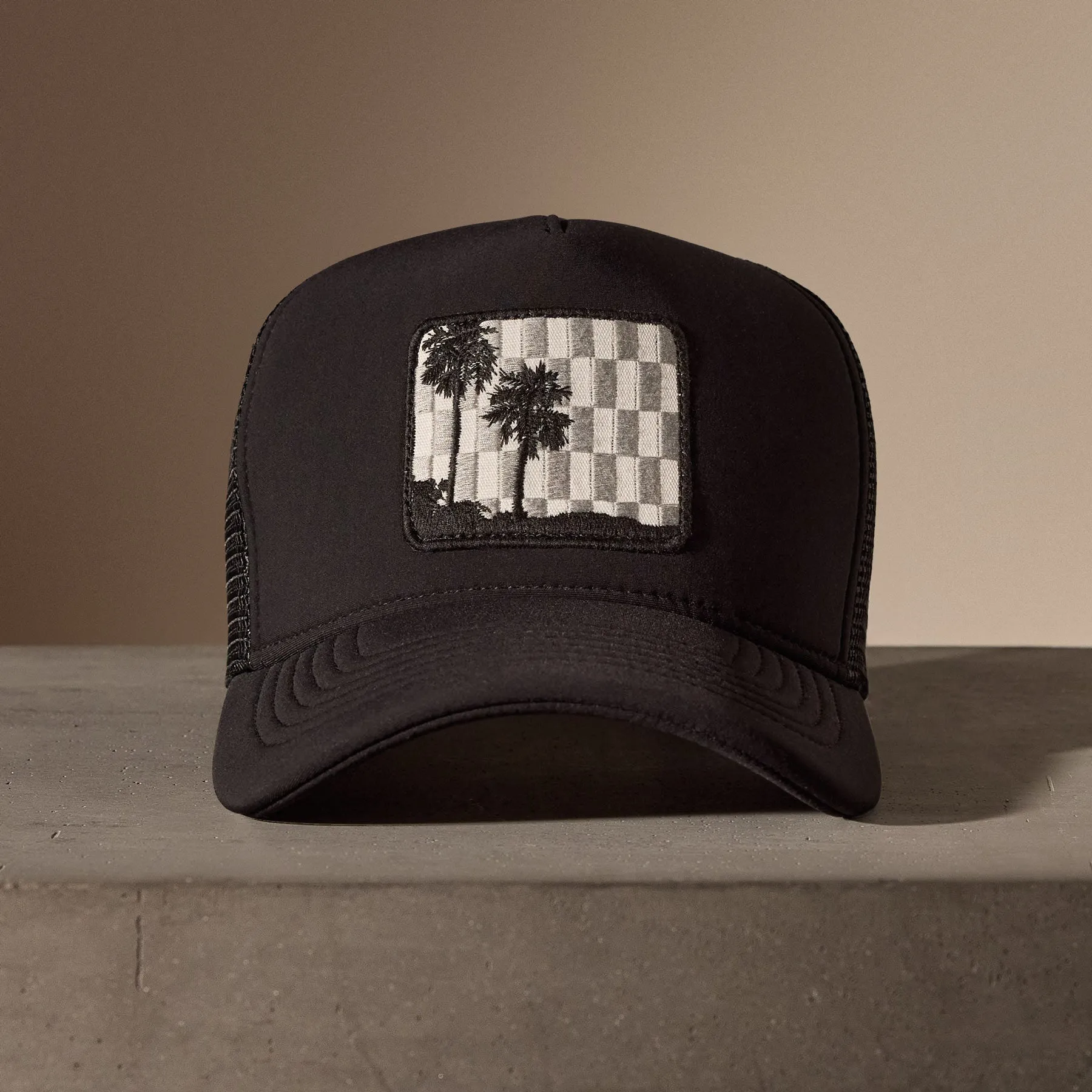 Checkered Palm Embroidered Trucker Hat - Black