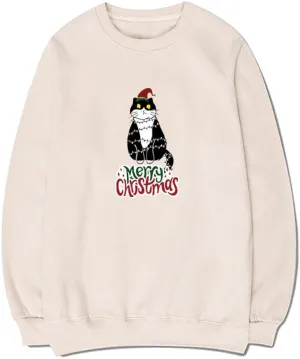 CORIRESHA Teen Cute Christmas Cat Crew Neck Long Sleeve Cozy Pullover Sweatshirt