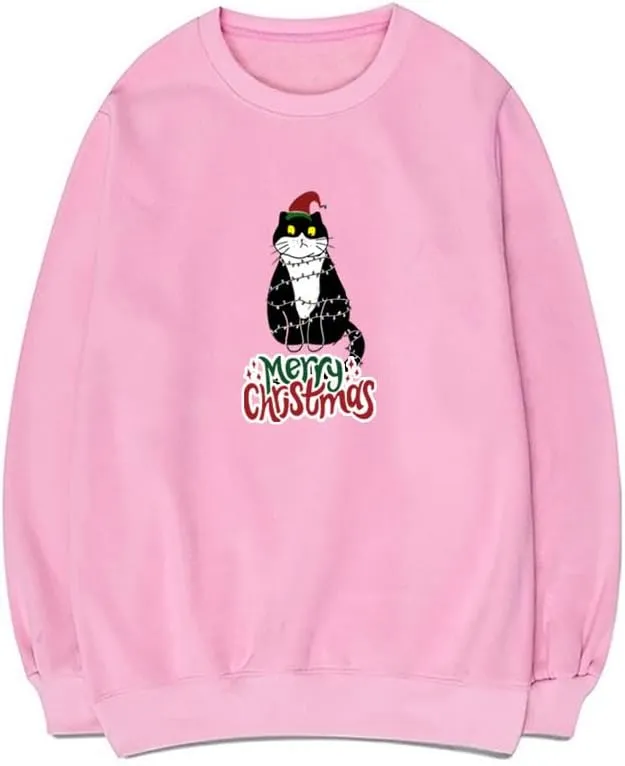 CORIRESHA Teen Cute Christmas Cat Crew Neck Long Sleeve Cozy Pullover Sweatshirt