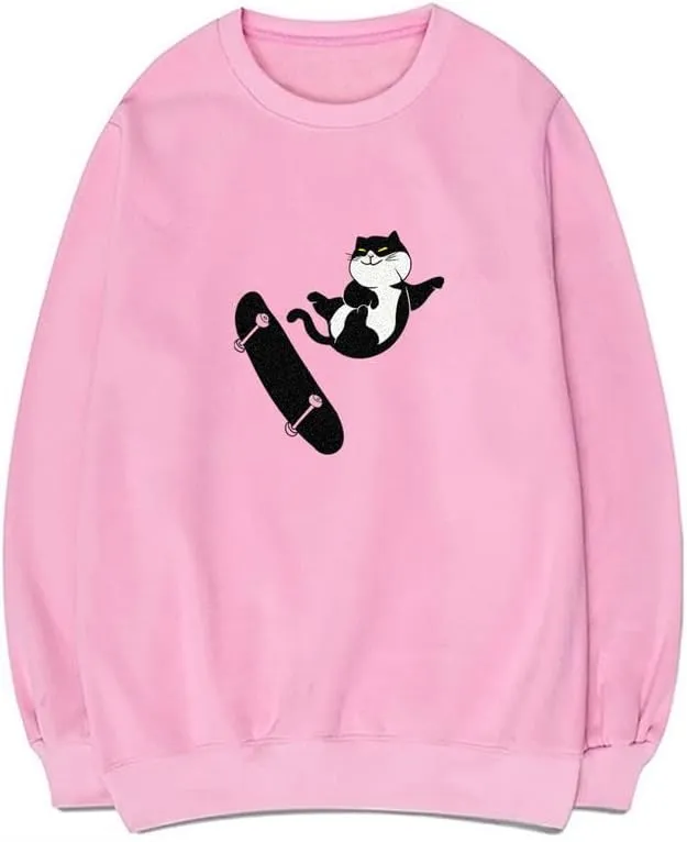 CORIRESHA Teens Cat Lovers Crewneck Long Sleeves Cotton Cute Skateboard Sweatshirts