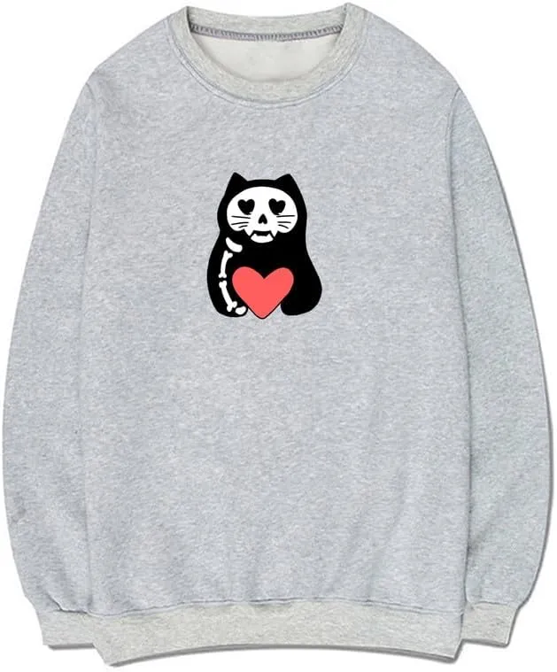 CORIRESHA Teens Funny Cat Hearts Crewneck Long Sleeves Cozy Basics Sweatshirts