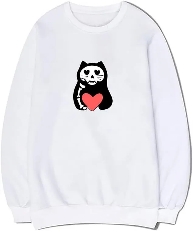 CORIRESHA Teens Funny Cat Hearts Crewneck Long Sleeves Cozy Basics Sweatshirts