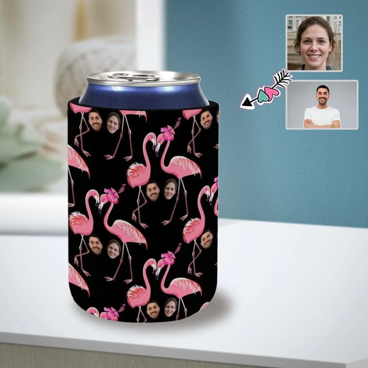 Custom Couple Face Can Coolers Wedding Koozies Personalized Flamingo Neoprene Can Cooler Non Slip for Beer Cans and Bottles