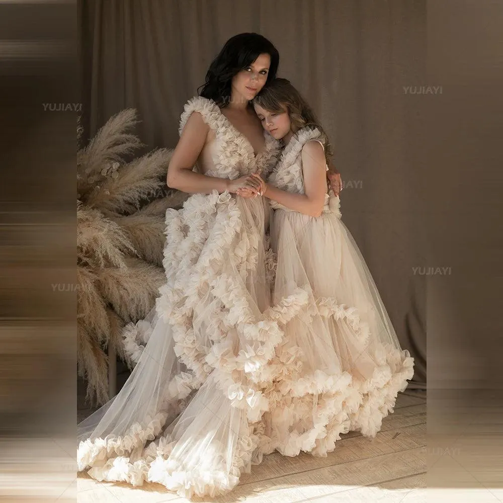 Elegant tiered ruffle tulle Mommy and Me matching dresses, perfect for mother-daughter and family photoshoots.