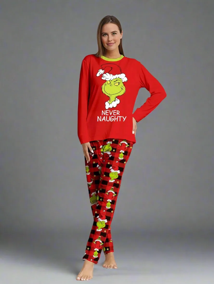 Family Matching Christmas Pajama Set - Naughty or Nice Grinch Design with Red Plaid Pants