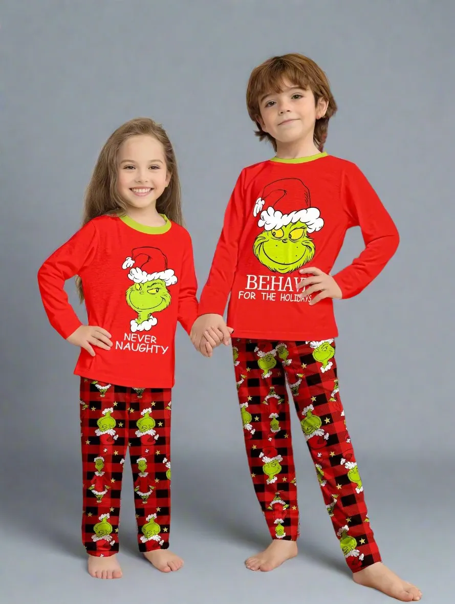 Family Matching Christmas Pajama Set - Naughty or Nice Grinch Design with Red Plaid Pants