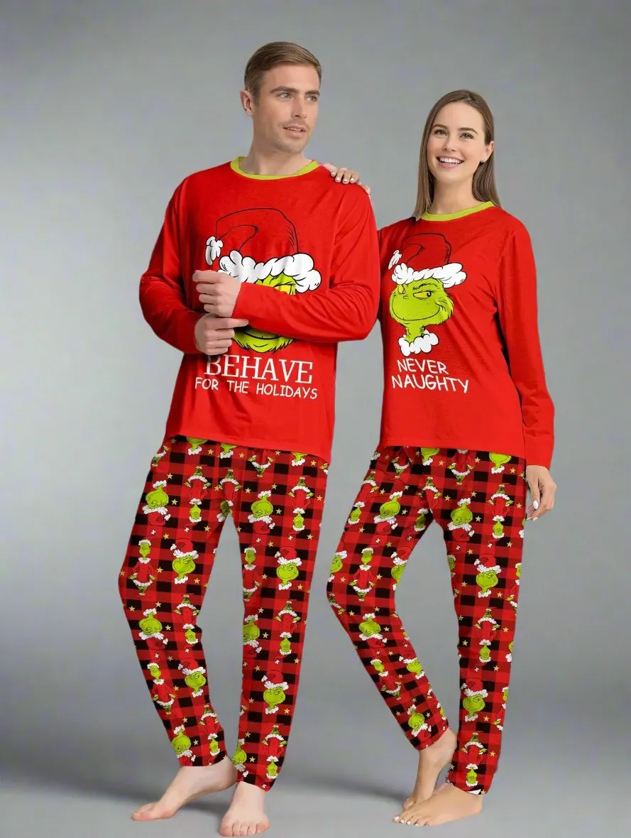 Family Matching Christmas Pajama Set - Naughty or Nice Grinch Design with Red Plaid Pants