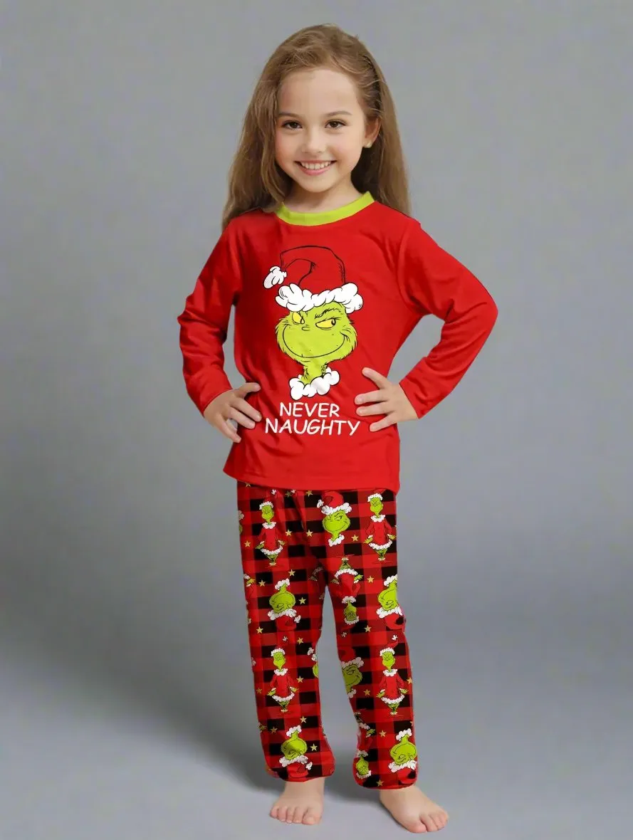 Family Matching Christmas Pajama Set - Naughty or Nice Grinch Design with Red Plaid Pants