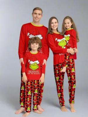 Family Matching Christmas Pajama Set - Naughty or Nice Grinch Design with Red Plaid Pants