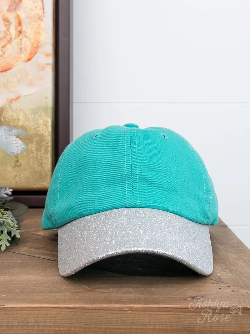 GIRLS Silver Glitter Bill Hat, Turquoise