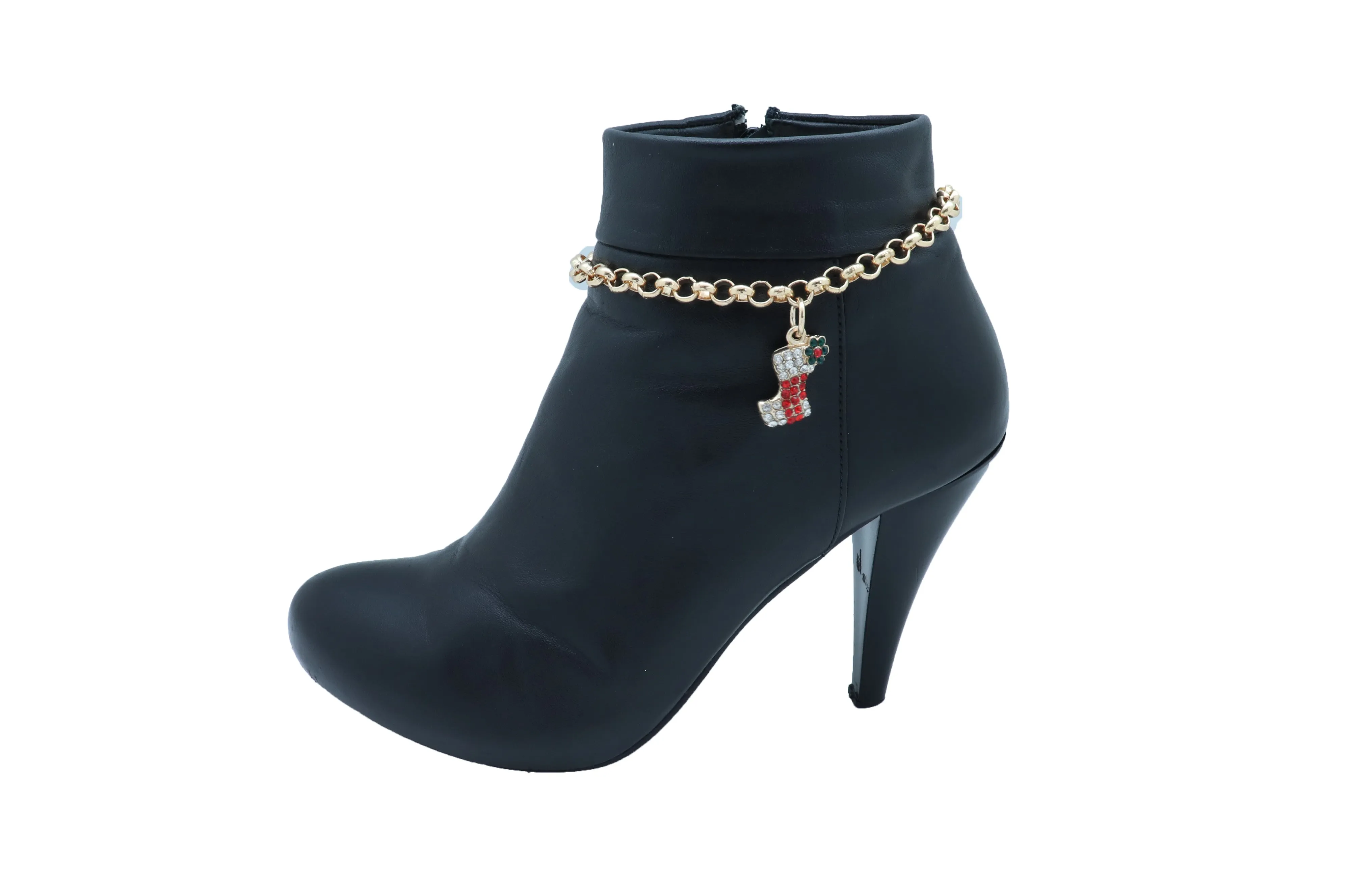 Gold Metal Chain Boot Bracelet Shoe Anklet Christmas Holiday Stocking Bling Charm