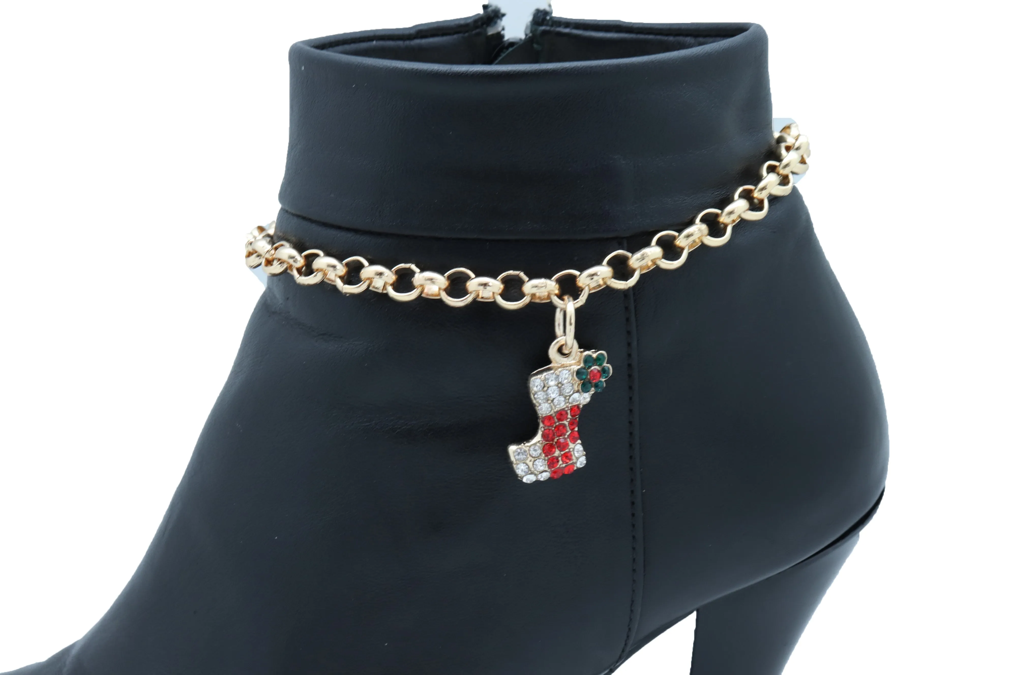 Gold Metal Chain Boot Bracelet Shoe Anklet Christmas Holiday Stocking Bling Charm