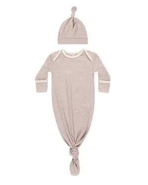 Knotted Baby Gown   Hat Set | Mauve Stripe