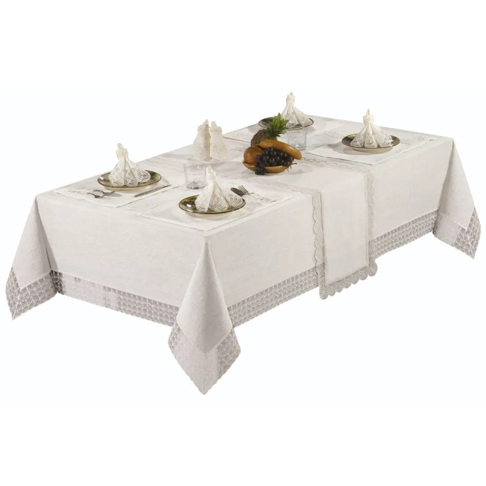 Luxurious Tablecloth Set Linen-Like Material with Faux Pearls and Lace Edging