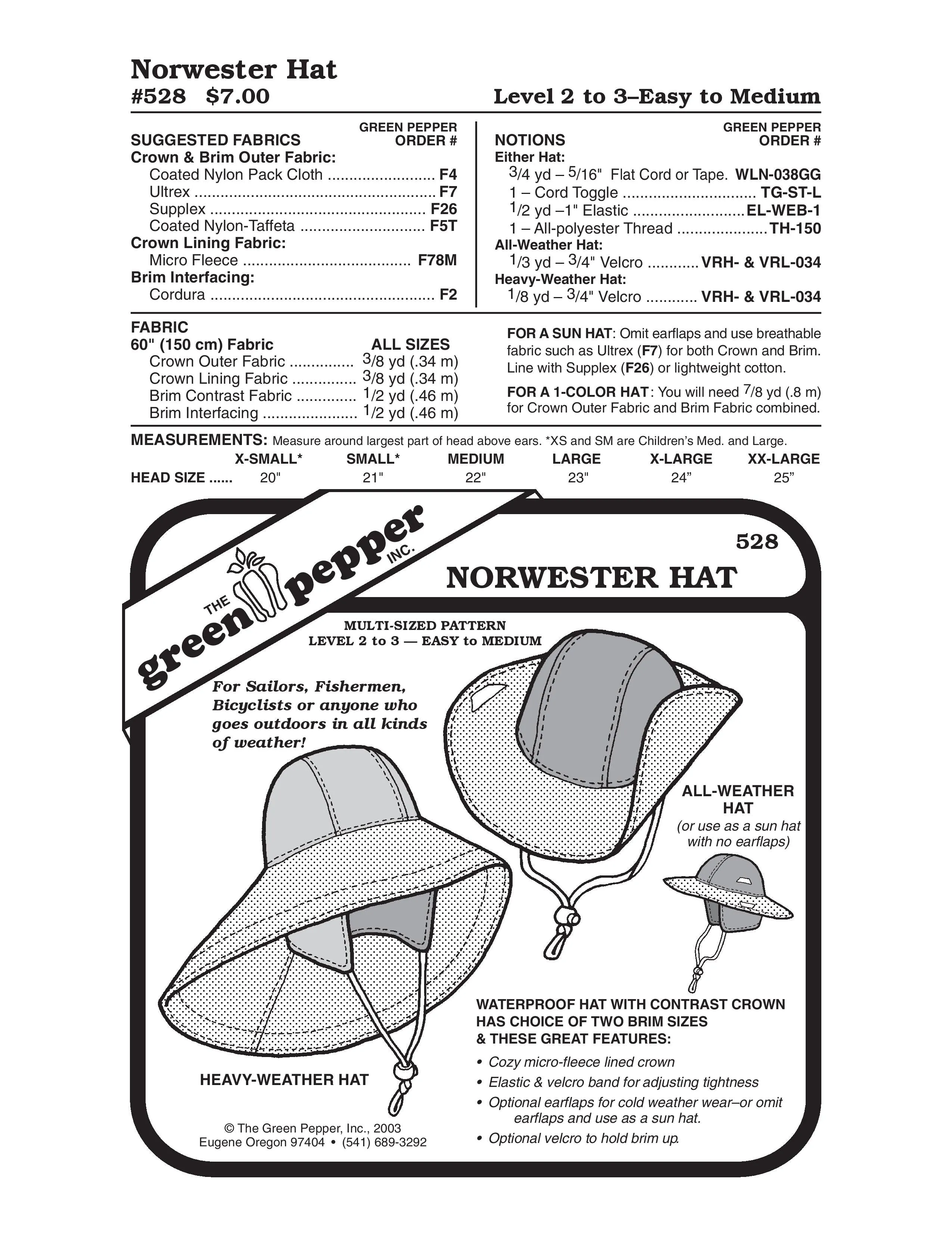 Norwester Hat Pattern (Sold per Each)