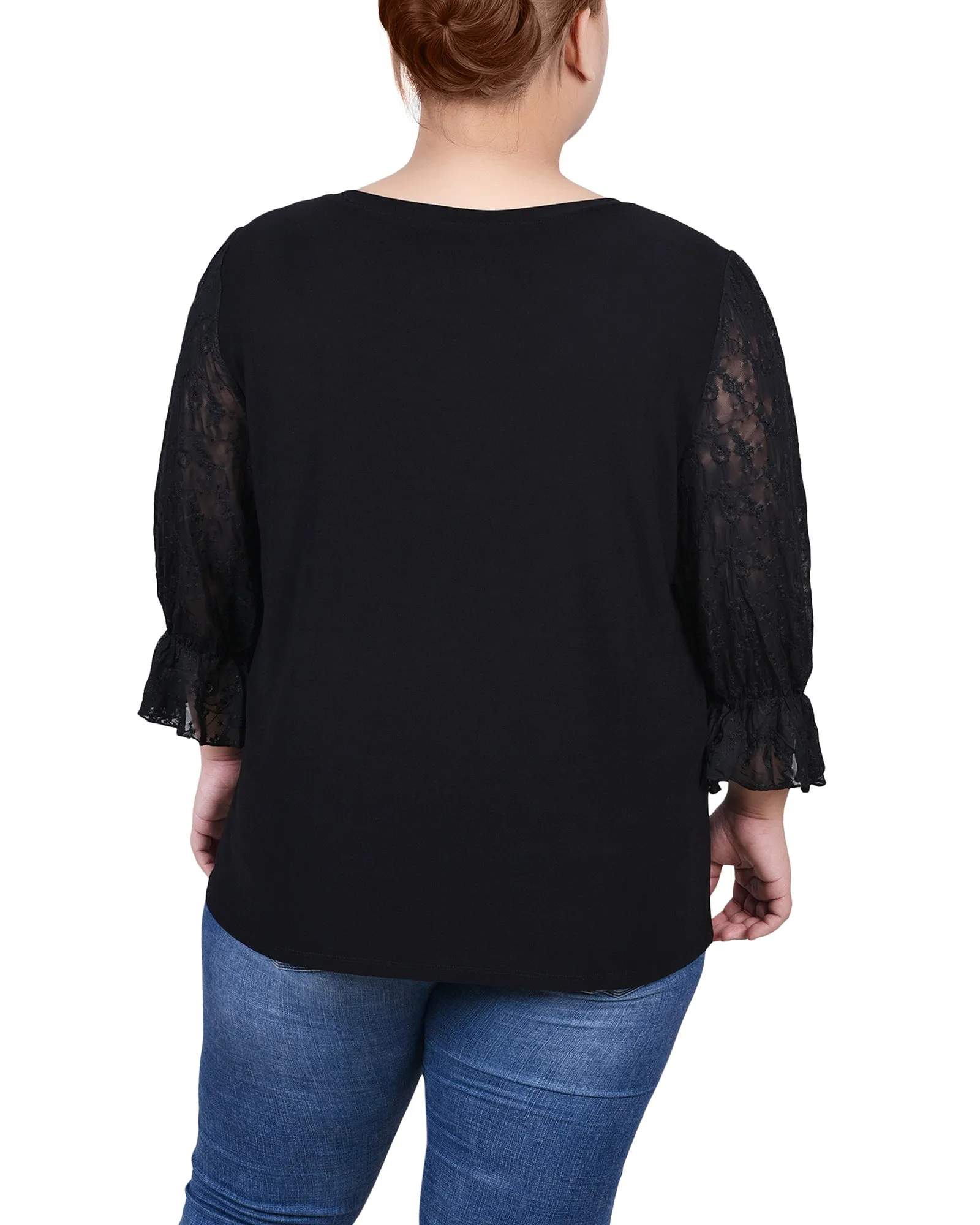 Plus Size 3/4 Sleeve Crepe Top With Embroidered Mesh Yoke And Sleeves