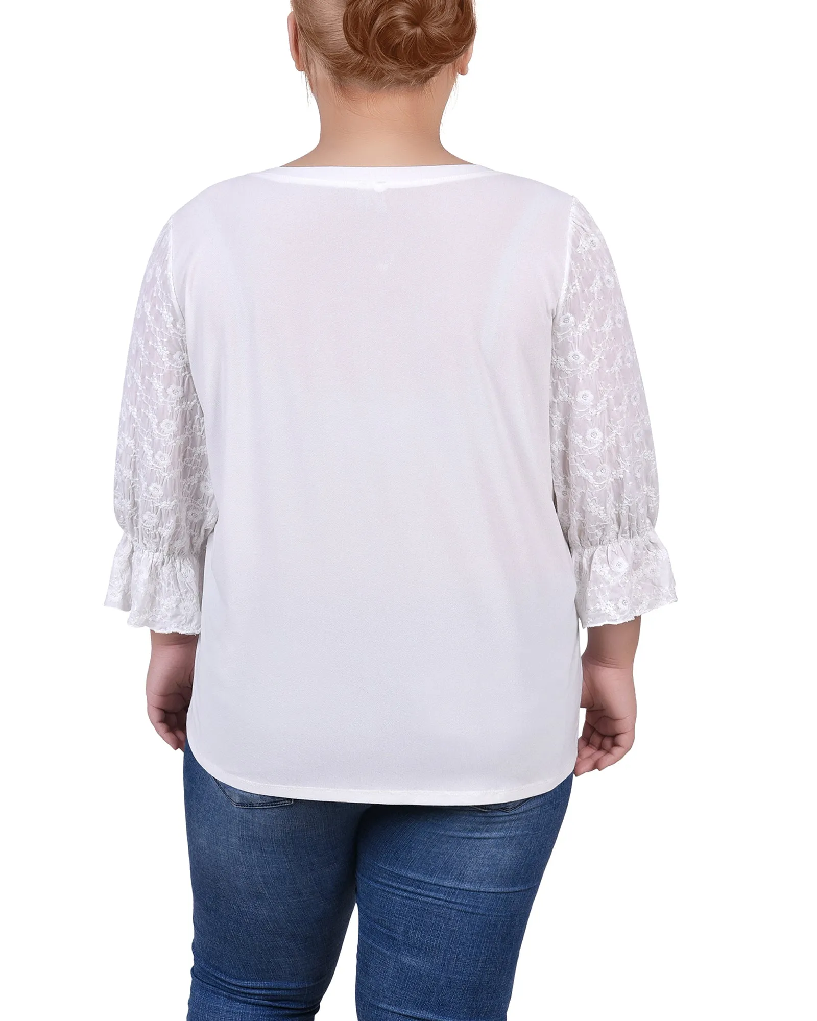 Plus Size 3/4 Sleeve Crepe Top With Embroidered Mesh Yoke And Sleeves