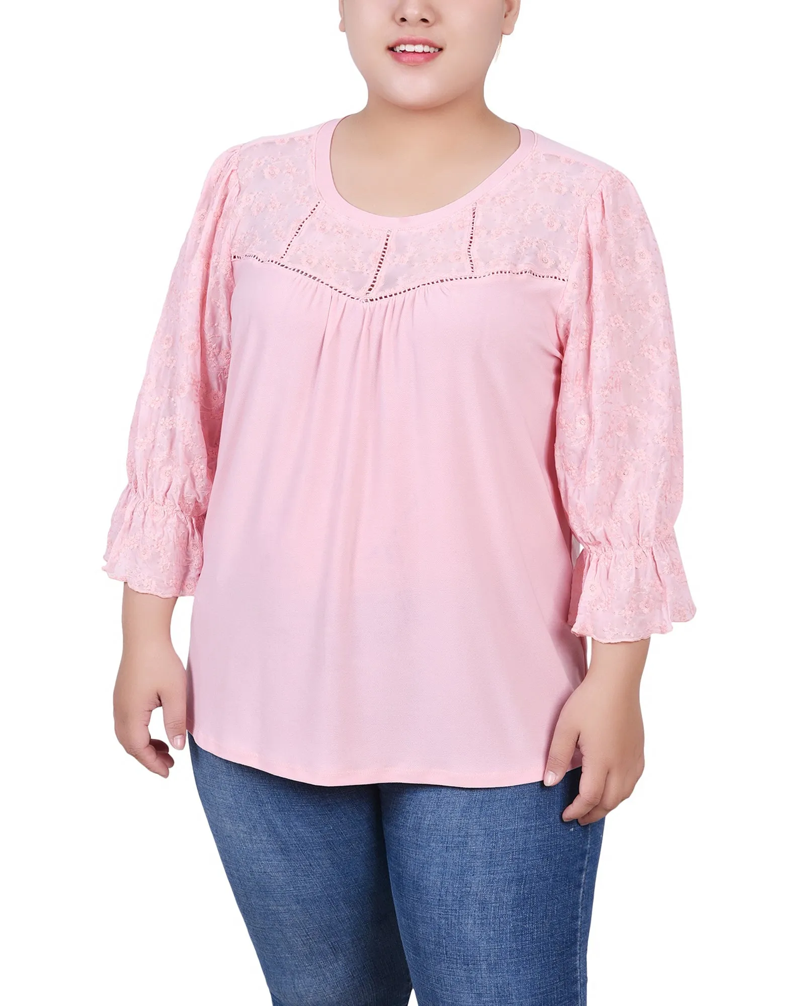 Plus Size 3/4 Sleeve Crepe Top With Embroidered Mesh Yoke And Sleeves