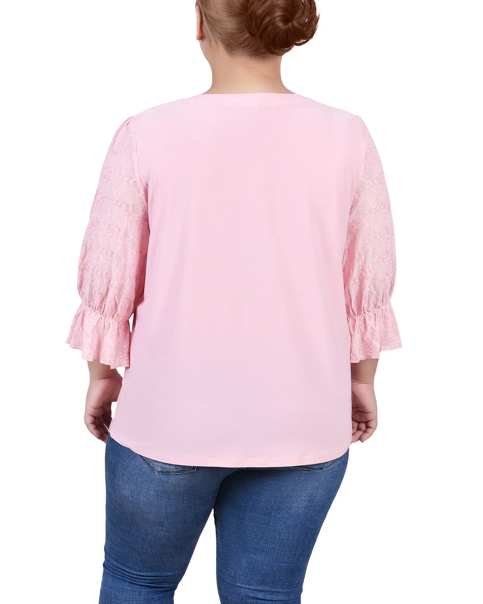 Plus Size 3/4 Sleeve Crepe Top With Embroidered Mesh Yoke And Sleeves