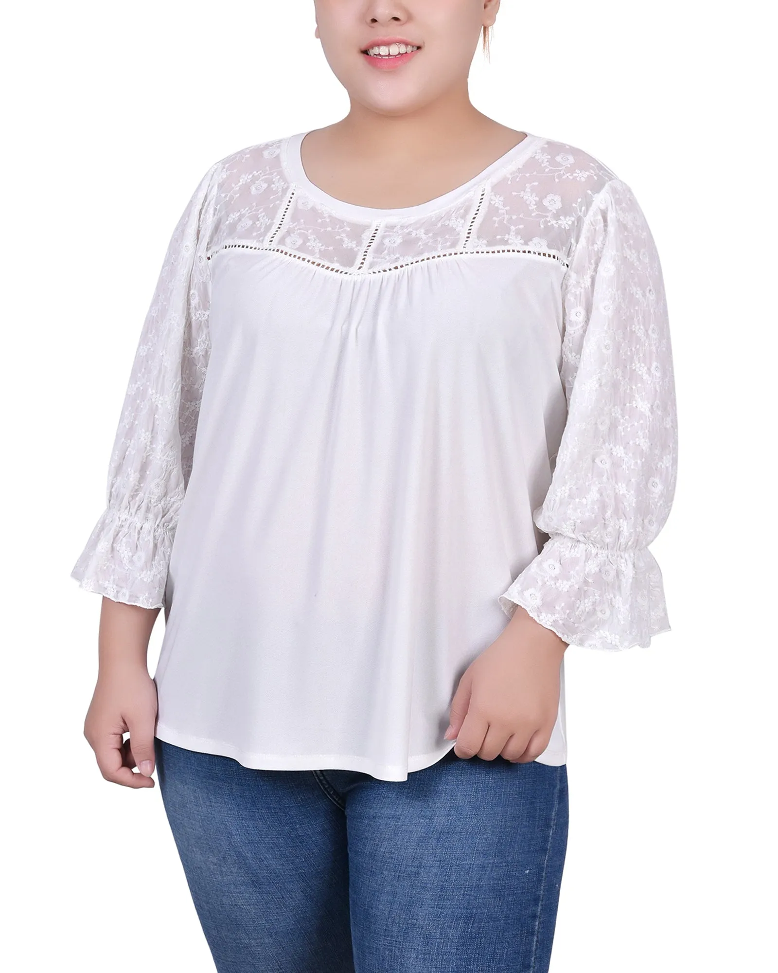 Plus Size 3/4 Sleeve Crepe Top With Embroidered Mesh Yoke And Sleeves